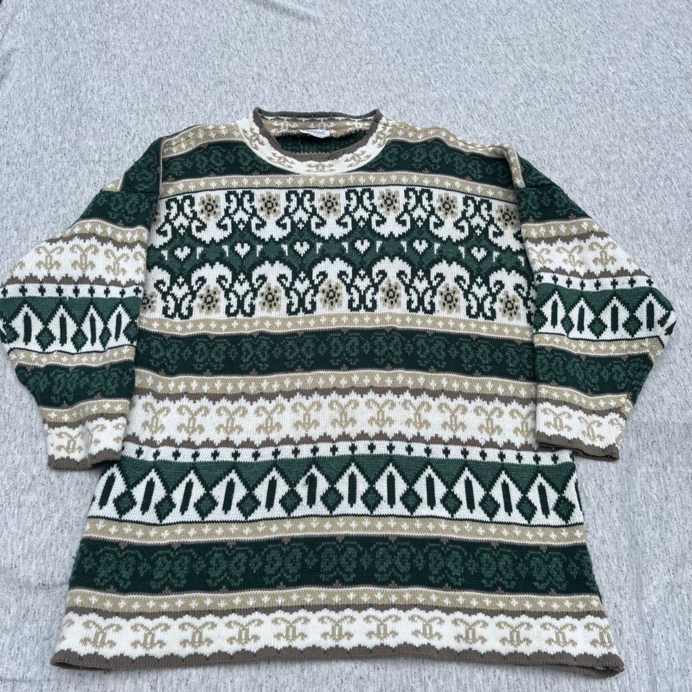 Vintage Arielle Made in USA Geometric Knit Grandpa Sweater Green Earth Tone XL
